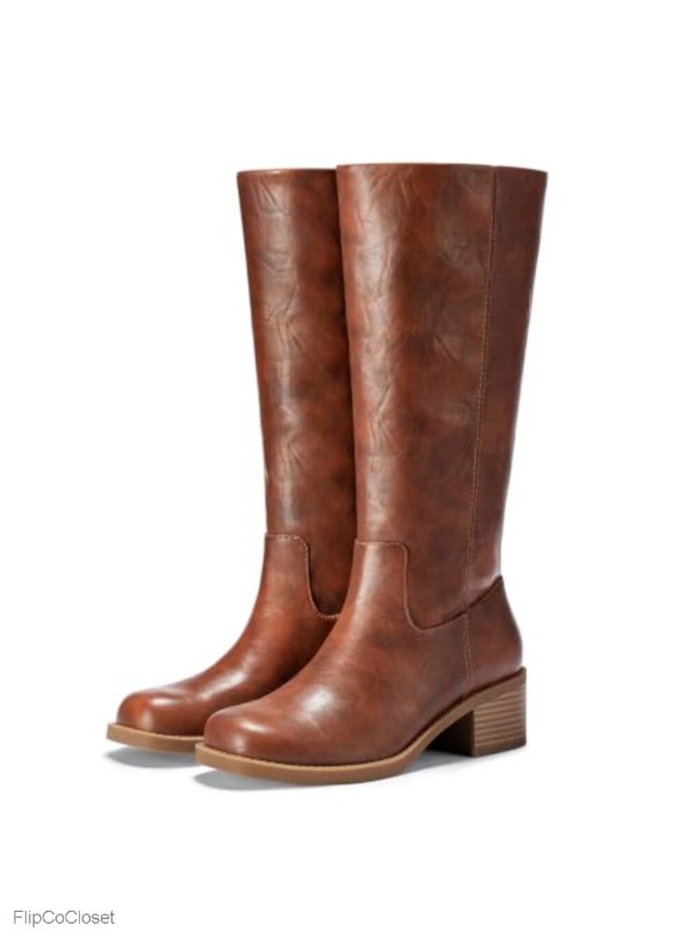 Knee High Square Toe Wide Calf Boots with Chunky Heel and Slip-On Style